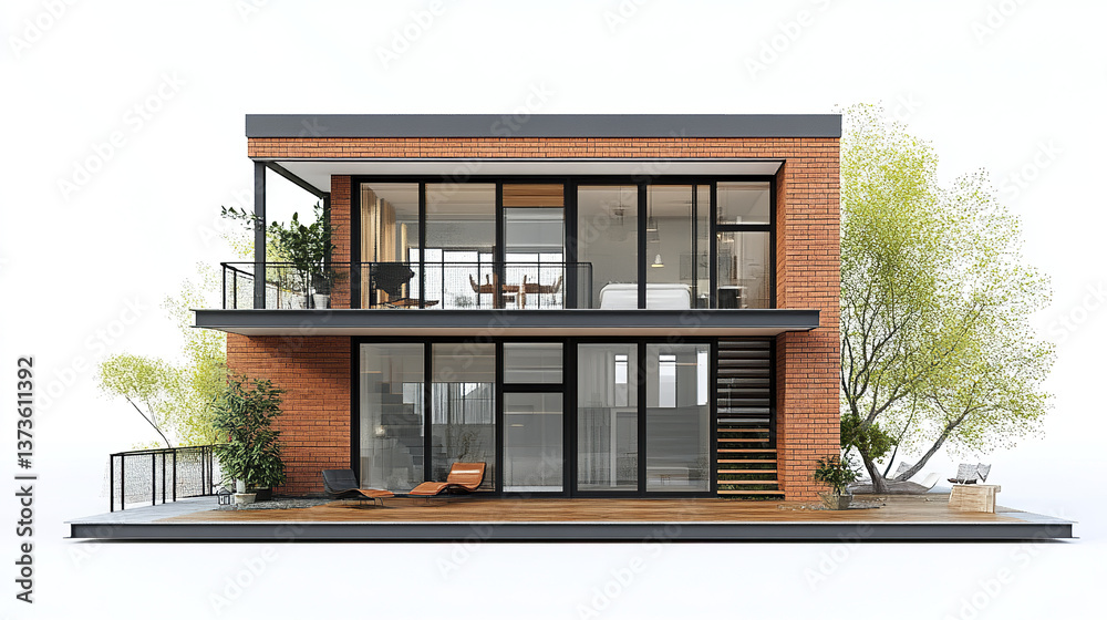 Modern loft style house with large windows and brick exterior Modern loft style house with large windows and brick exterior