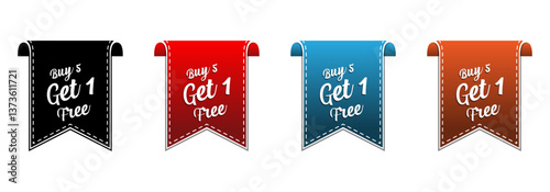 Stitched Border 'Buy 5 Get 1 Free' Promotional Banners in Black, Red, Blue, and Orange