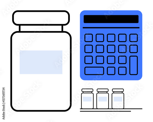 Large medicine bottle with calculator and smaller bottles arranged in a row symbolizing stock management. Ideal for healthcare, pharmacy, budget, logistics, tracking, organization, planning. Flat