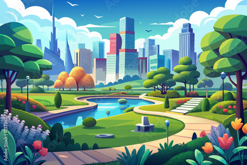 A beautiful panoramic view of a public park with skyscrapers in the background, blending nature and city life