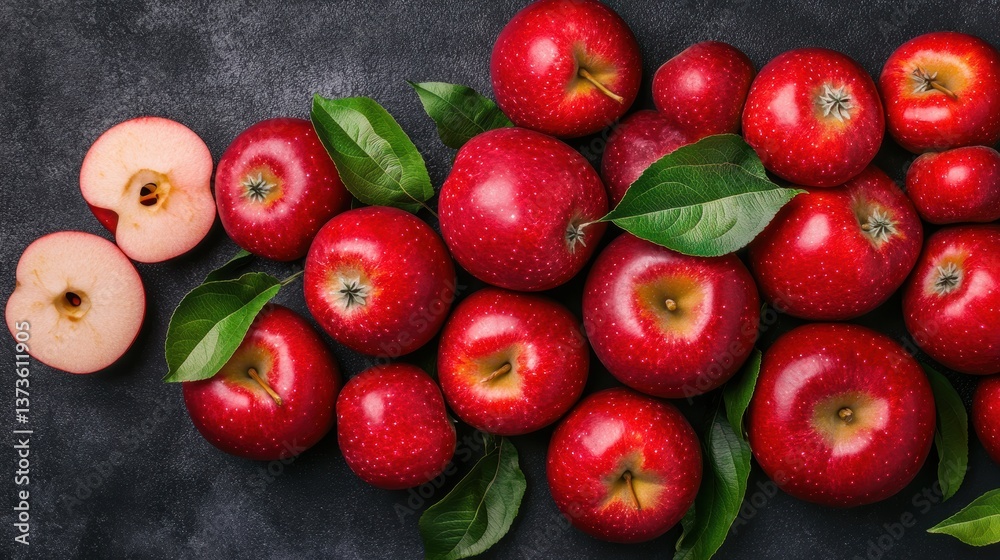 Glossy red s with fresh green leaves displayed on dark gray surface, featu two vibrant halves, close-up high-angle shot of arrangement Glossy red s with fresh green leaves displayed on dark gray surface, featu two vibrant halves, close-up high-angle shot of arrangement