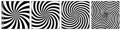 Black and white spiral illusion background. Circus backdrop. Abstract hypnotic radial patterns with optical distortion and twisted vortex effect. Dynamic graphic vector illustrations set.