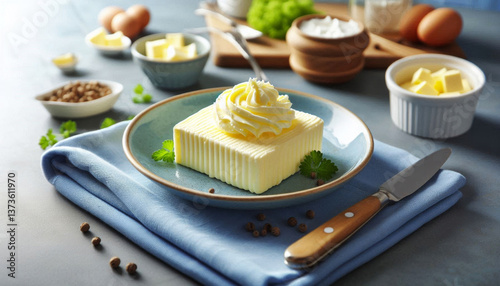 Butter on a plate with a blue towel on the kitchen table