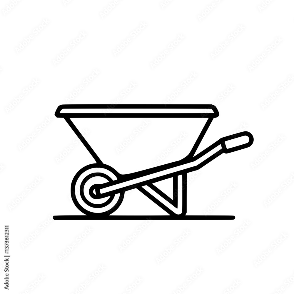 Outline illustration of a wheelbarrow a tool commonly used for carrying materials in construction gardening or farming Minimalist line drawing Outline illustration of a wheelbarrow a tool commonly used for carrying materials in construction gardening or farming Minimalist line drawing