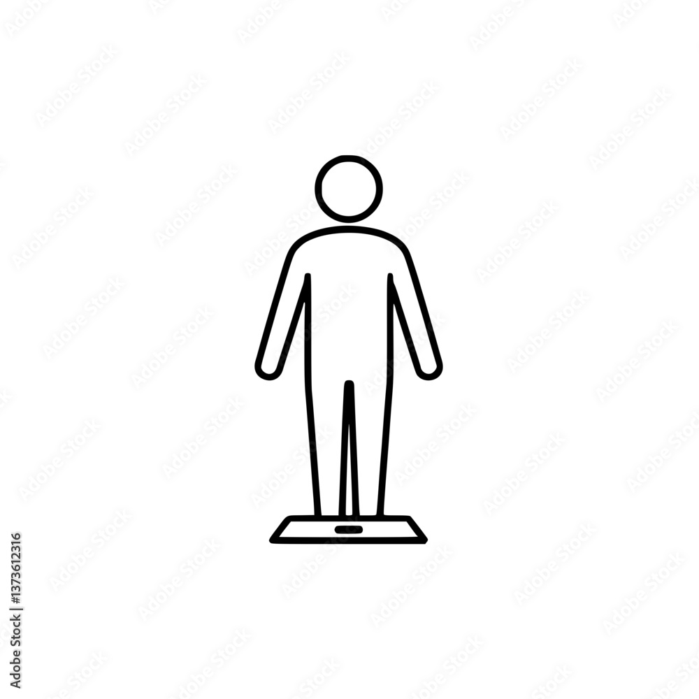 Person on Scale Icon: A simple line drawing of a person standing on a weight scale symbolizing health weight monitoring and fitness tracking Person on Scale Icon: A simple line drawing of a person standing on a weight scale symbolizing health weight monitoring and fitness tracking
