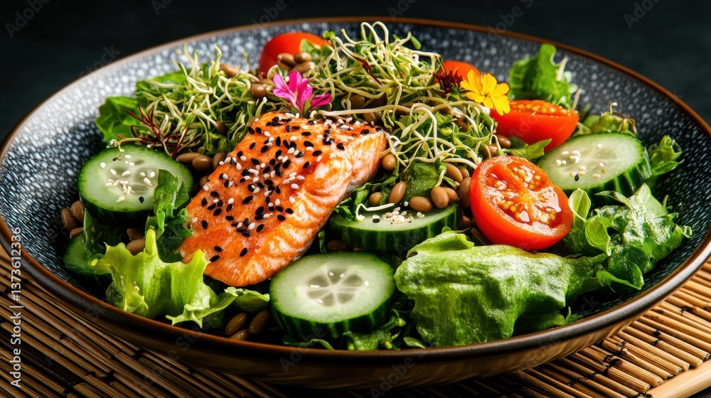 Vibrant Pan-Seared Salmon Salad with Sesame Seeds, Fresh Greens, Cucumbers, Cherry Tomatoes, Alfalfa Sprouts, and Colorful Edible Flowers Arrangement Vibrant Pan-Seared Salmon Salad with Sesame Seeds, Fresh Greens, Cucumbers, Cherry Tomatoes, Alfalfa Sprouts, and Colorful Edible Flowers Arrangement