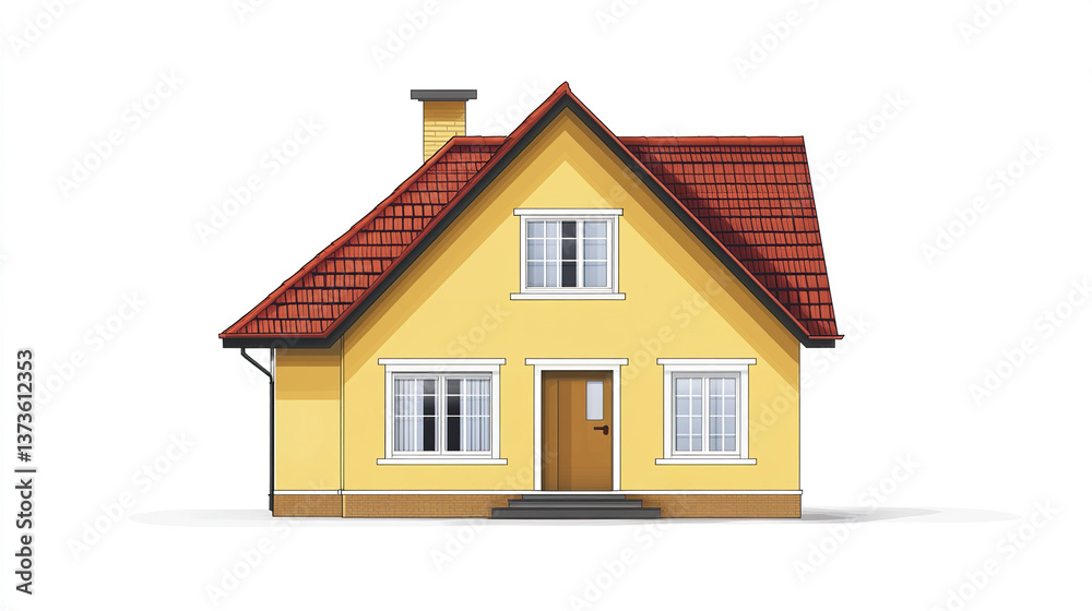 Yellow house with red roof and chimney on white background. Simple and charming Yellow house with red roof and chimney on white background. Simple and charming