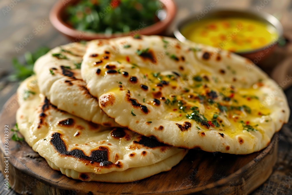 Tandoori naan fresh bread cooked in clay oven, brushed with butter and served Tandoori naan fresh bread cooked in clay oven, brushed with butter and served