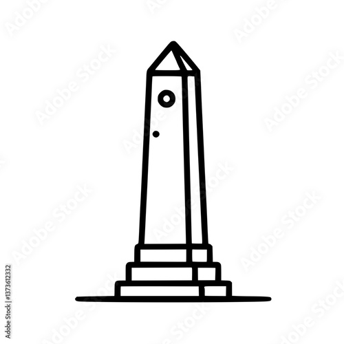 Minimalist line drawing of a tall imposing monument It features a pyramidal top and tiered base standing against a stark