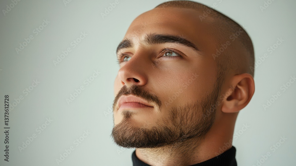 Obraz premium A man with a shaved head and a beard looking at the camera. The man has a serious expression on his face.