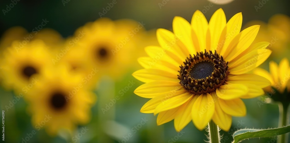 Obraz premium Sunflowers in full bloom with bright yellow petals and dark centers, yellow, garden, warm weather