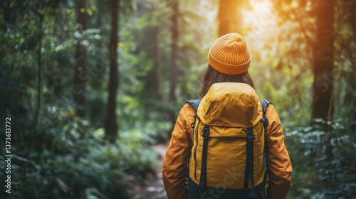 A traveler enjoying a guided forest walk, breathing in the fresh air, with sunlight filtering through the trees, symbolizing connection to nature and mental wellbeing photo