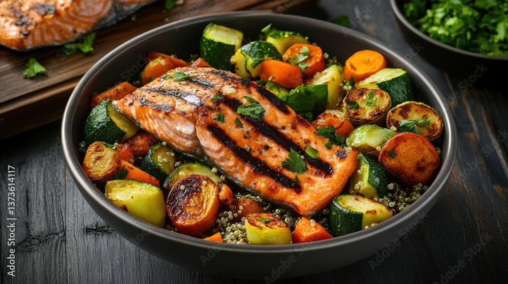 Fototapeta premium Grilled Salmon Fillet Served on Quinoa with Roasted Zucchini Carrots Brussels Sprouts in Dark Bowl Healthy Delicious Meal Gourmet Cuisine Displayed