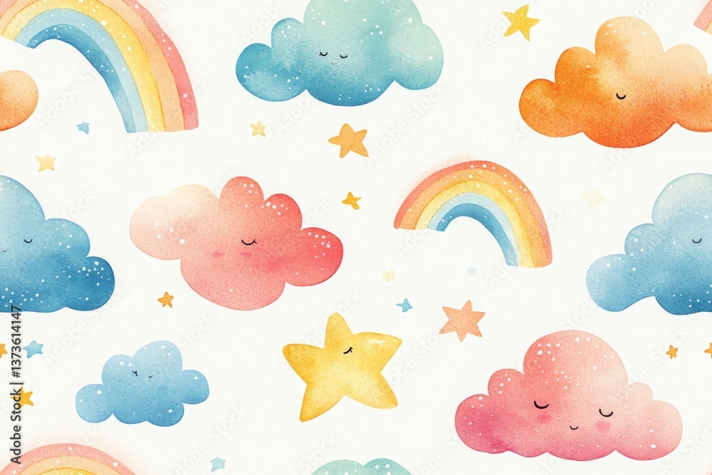 Obraz premium This charming seamless pattern features cute clouds and vibrant rainbows in soft watercolor, ideal for storybook illustrations and playful designs