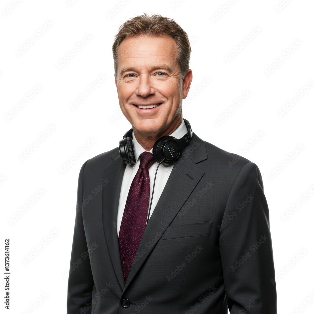 A smiling, confident TV anchorman with his headphones around his neck, studio portrait. A smiling, confident TV anchorman with his headphones around his neck, studio portrait.