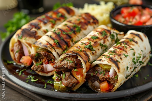 Syrian shawarma sandwich rolled in flatbread with grilled meat, garlic sauce and