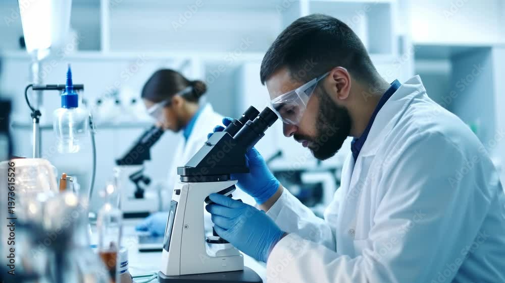 A video still of scientists in a lab, focused on a man using a microscope. Side angle captures the modern, sterile environment and teamwork. A video still of scientists in a lab, focused on a man using a microscope. Side angle captures the modern, sterile environment and teamwork.