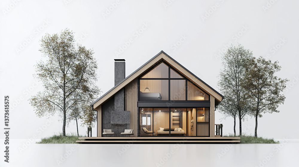 Modern loft style house with large windows and trees on white background Modern loft style house with large windows and trees on white background