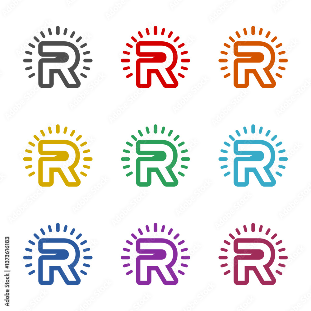 Obraz premium R Letter Initial Logo Design icon isolated on white background. Set icons colorful