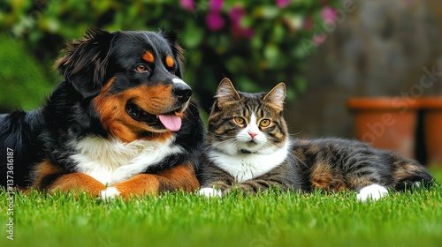 Playful Dog and Cat Best Friends Relaxing on Green Grass photo