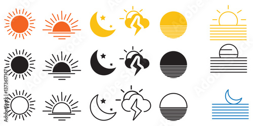 Weather flat icons set. Parts of the Day Morning, Afternoon, Noon, Evening ,Night Icons. Sunset and Night Icons, Simple glyph silhouette signs for web.