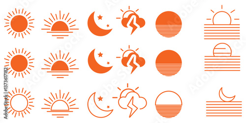 Weather flat icons set. Parts of the Day Morning, Afternoon, Noon, Evening ,Night Icons. Sunset and Night Icons, Simple glyph silhouette signs for web.