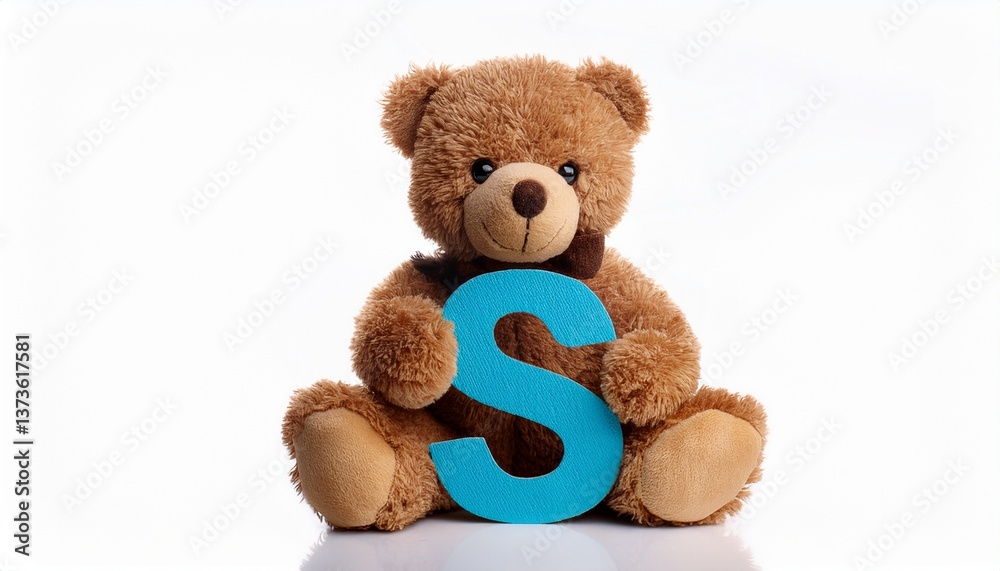 Obraz premium Cute brown teddy bear with letter S. Baby name reveal after child birth. Stuffed animal isolated on white background