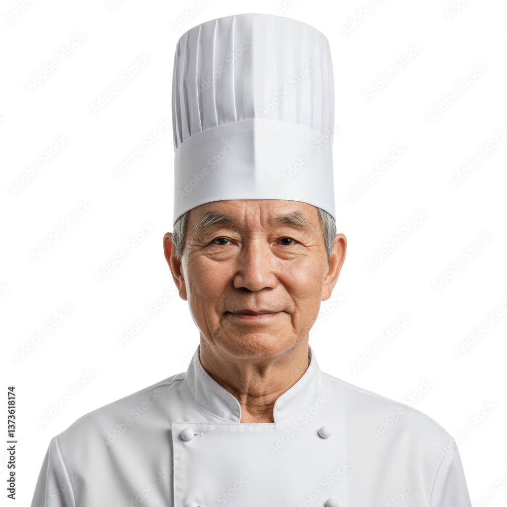 A smiling elderly Asian chef in uniform stands confidently against a solid black background. A smiling elderly Asian chef in uniform stands confidently against a solid black background.