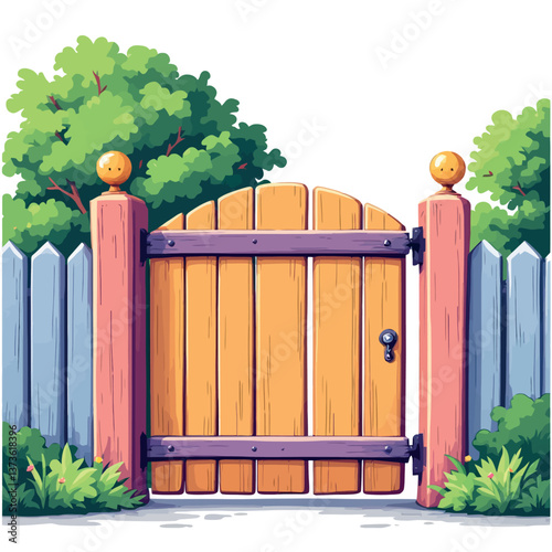 Wooden gate opening into lush green garden with fence and trees