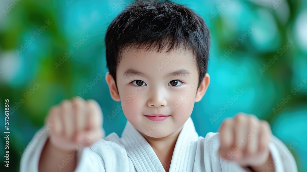 Smiling Asian Boy Practicing Karate Poses in White Uniform Smiling Asian Boy Practicing Karate Poses in White Uniform