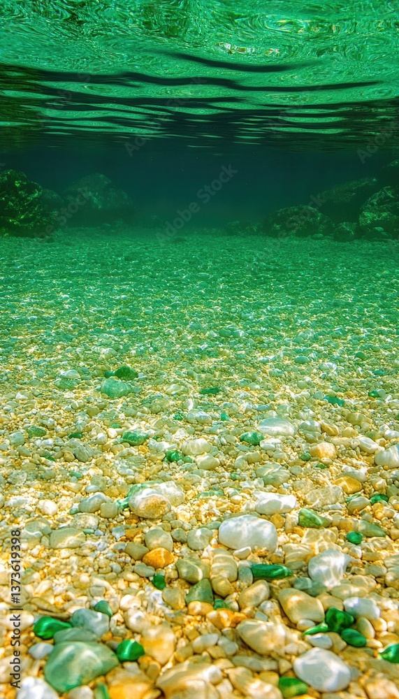 Obraz premium Sunlit pebbles on a seabed, seen from underwater. Crystal clear water reveals a colorful, serene scene.