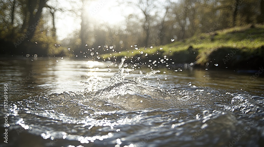 Fototapeta premium Sunlight glistens on water droplets as they splash in a tranquil stream, surrounded by a lush green landscape.