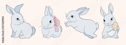 Easter bunny. Cute Girlish bunnies for kids standing with placard. Rabbit or hare, spring festive animal with Pink Bow. Hand Drawn holiday decent vector character