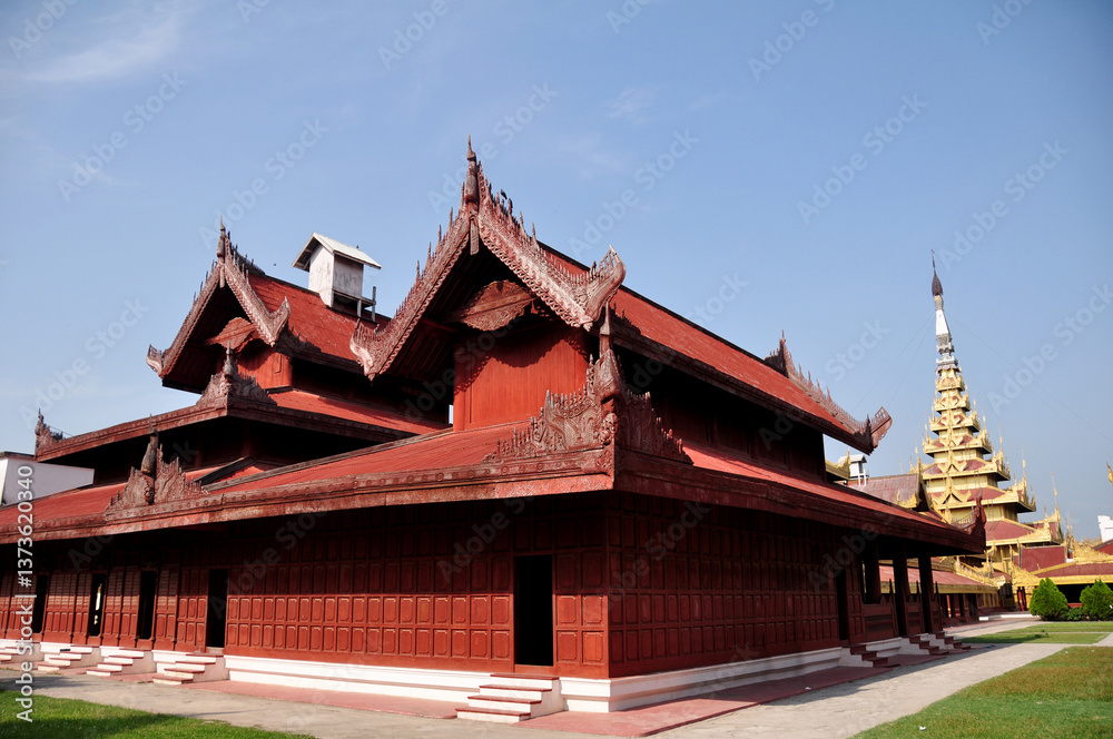 Fototapeta premium Mandalay Palace the last Burmese monarchy Royal Residency for Majesty at mandalay hill for and Burma people or Burmese and foreign travelers travel visit in Mandalay region , Myanmar or Burma