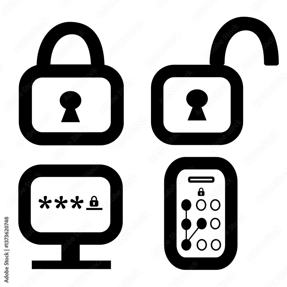 High-Quality Security Icons with Locks and Digital Devices in PNG Format