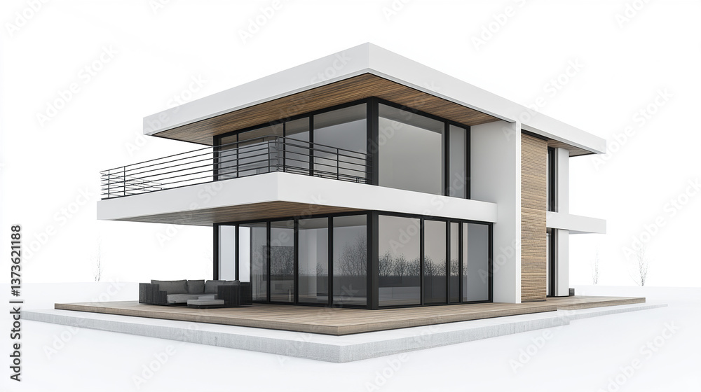 Modern minimalist house with large windows and wooden accents