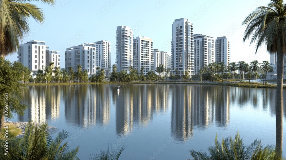 3D rendering of tall residential buildings in the background, with lakes and palm trees in the front 3D rendering of tall residential buildings in the background, with lakes and palm trees in the front