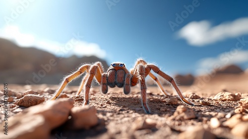 Close-up of a Colorful Tarantula on Rugged Desert Terrain photo