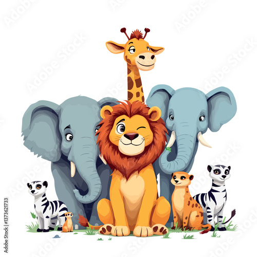 Friendly cartoon safari animals are posing all together in this colorful illustration