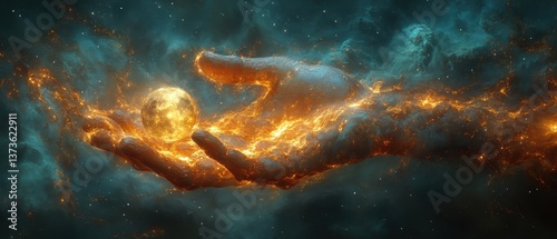 Ethereal Hands Cradling a Glowing Celestial Body in Cosmic Space