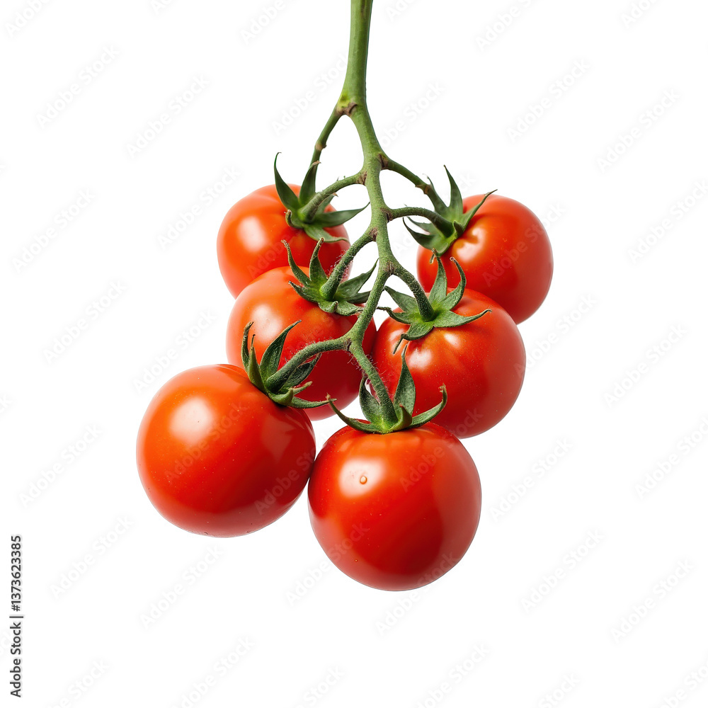 A cluster of fresh, ripe cherry tomatoes hanging from a vine, perfect for salads or snacking.
