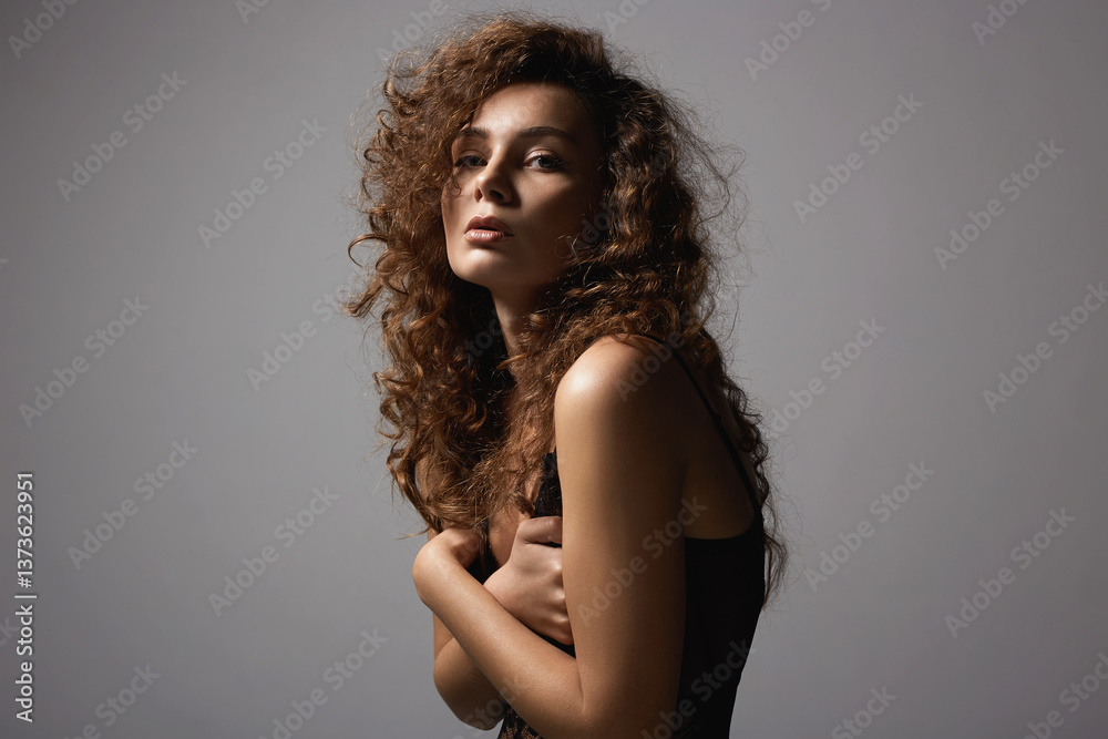 sensual beautiful young woman with curly hair