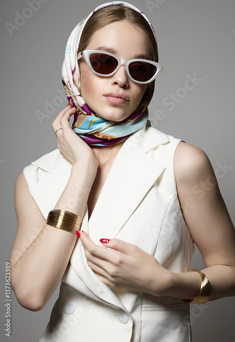 Obraz na płótnie Beautiful young woman in sunglasses and headscarf w salonie