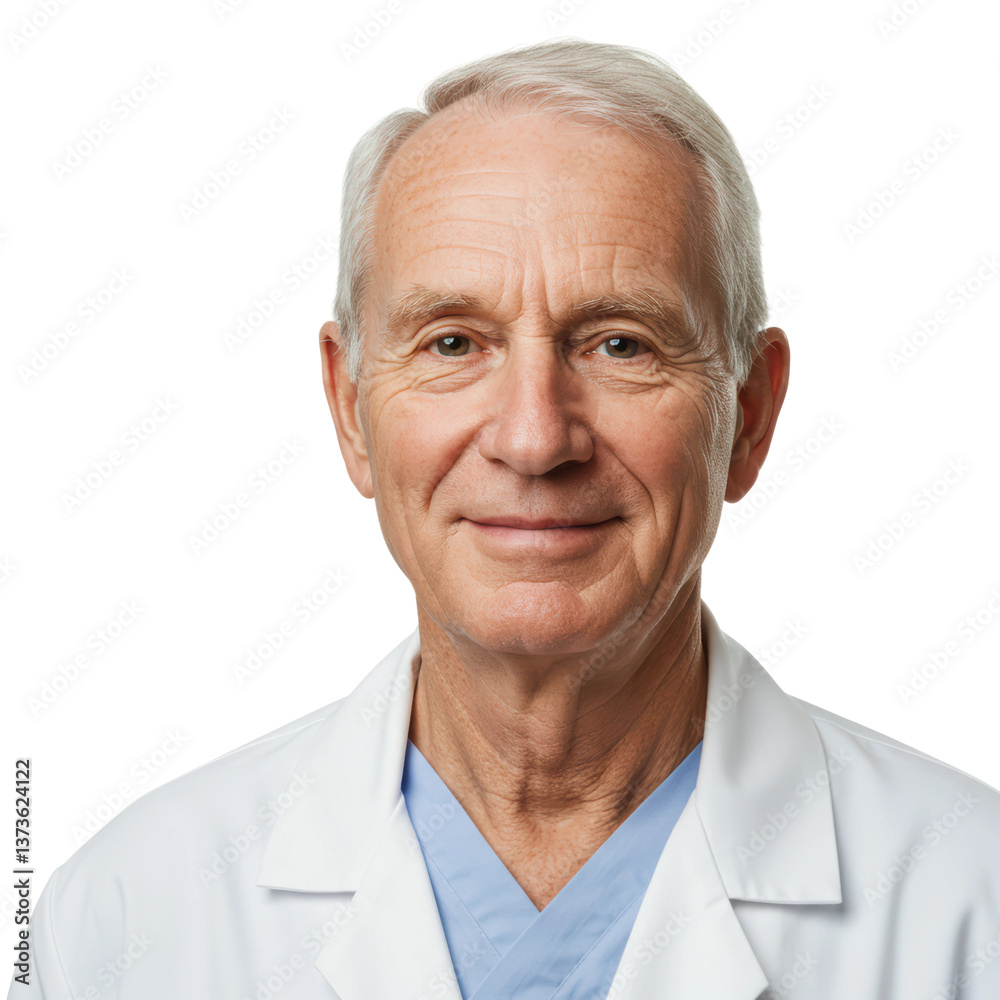 Portrait of a senior doctor in a lab coat, smiling confidently at the camera against black.