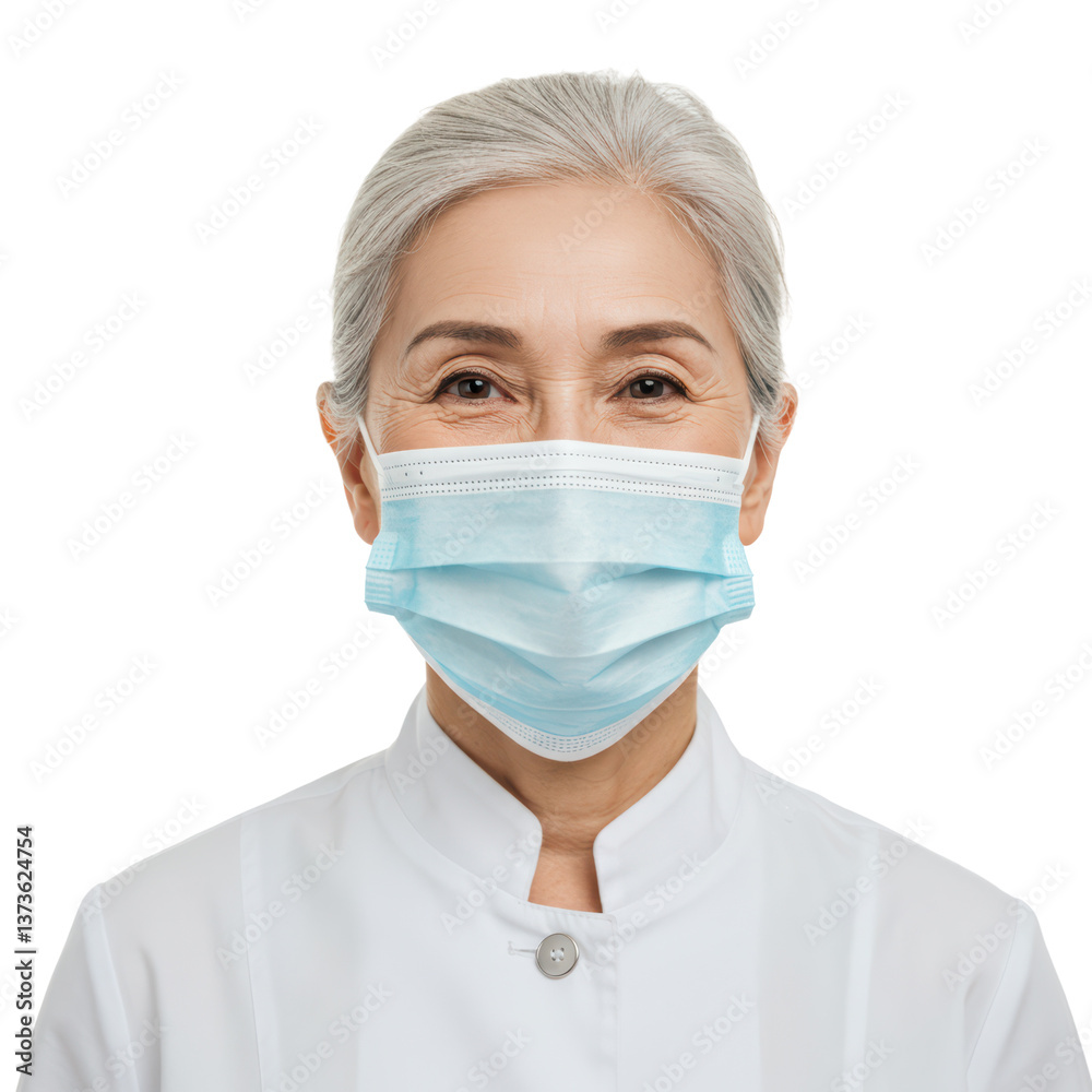 A friendly senior doctor protects herself and others with a surgical mask in a pandemic. A friendly senior doctor protects herself and others with a surgical mask in a pandemic.