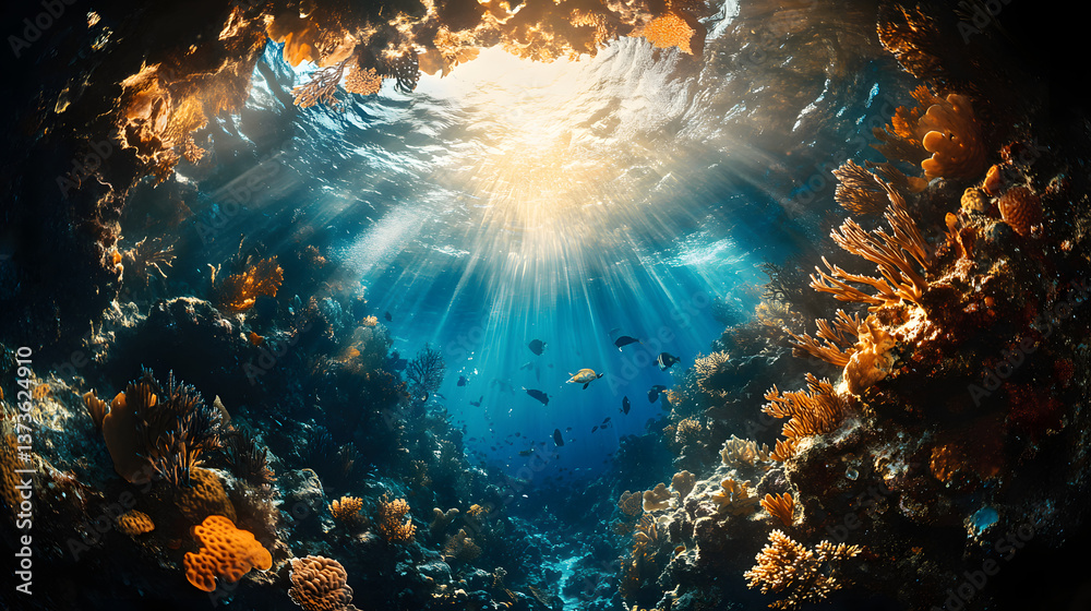 Fototapeta premium Sunlight piercing through underwater coral reef with colorful marine life, ocean conservation and scuba diving destination photography