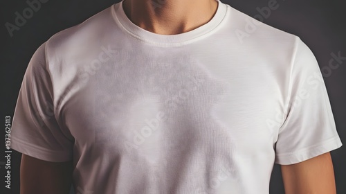 Closeup shot of a simple classic white t shirt against a minimalist gray studio backdrop showcasing the clean versatile design and fabric