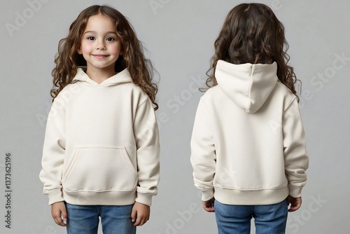 A young girl wears a plain beige hoodie, front and back, for a hoodie design mock up