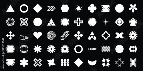 Groovy retro geometric shapes. Abstract 70s 80s pop art style abstract figures, funky geometric hippie elements, Y2K retro badges for poster logo design.