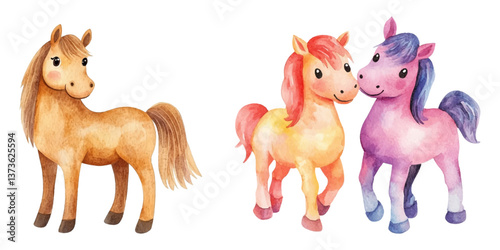 Watercolor set of cute watercolor horses. Cartoon horses and ponies on transparent background. Little baby horses. Concept of cute children's characters.